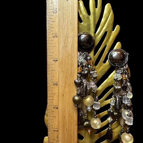 Vintage Clip on Black and Gold Beaded Long Dangle Clip on Earrings - Picture 2 of 3